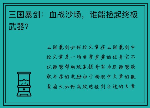 三国暴剑：血战沙场，谁能捡起终极武器？